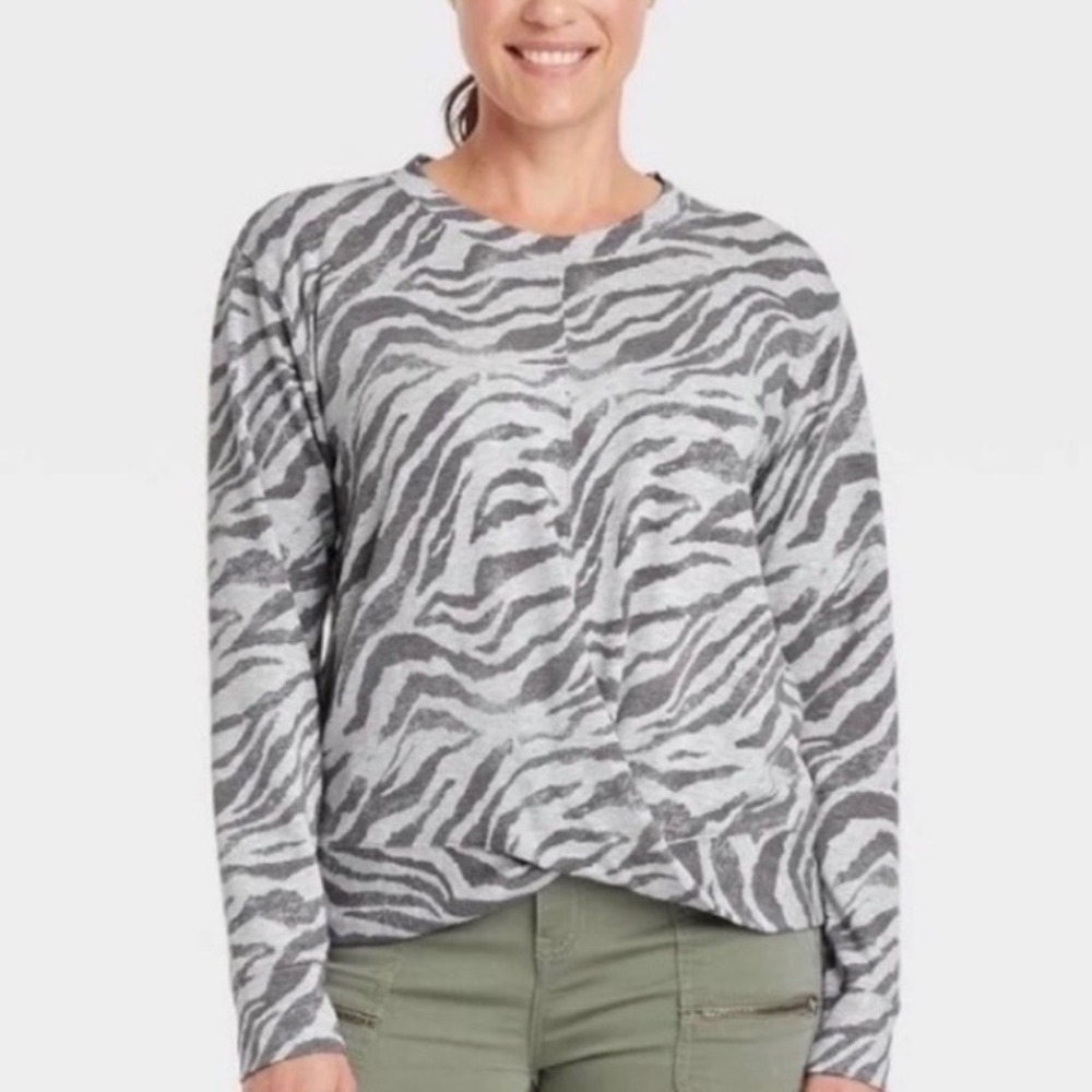 Knox Rose Womens XXL Zebra Print Twist Front Long Sleeve Sweatshirt Top NEW NWT